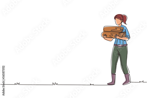 Continuous one line drawing strong woman lumberjack with in plaid shirt, jeans and boots, holding stack of firewood in hands. Female woodcutter, forest worker. Single line draw design vector graphic