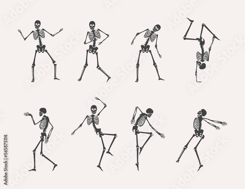 Cartoon Black Different Dancing Human Bones Set Concept Flat Design Style. Vector illustration of Funny Dance Skeleton