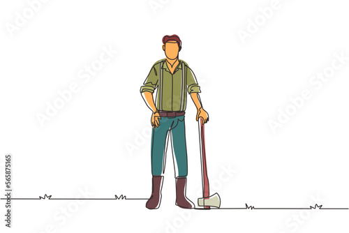 Single one line drawing lumberjack with axe standing wearing suspender shirt, jeans and boots. Lumberjack pose on the logging forest. Modern continuous line draw design graphic vector illustration