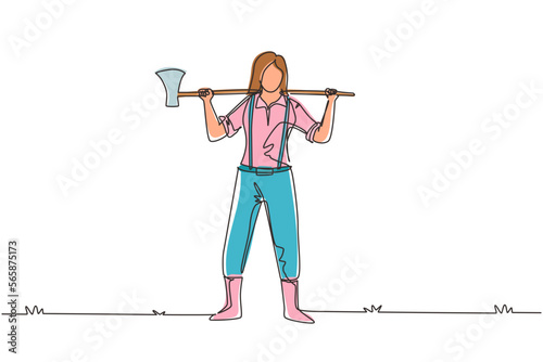 Single continuous line drawing pretty woman lumberjack in plaid shirt, jeans with belt, leather boots holding on her shoulder a ax with long wooden handle. One line draw design vector illustration