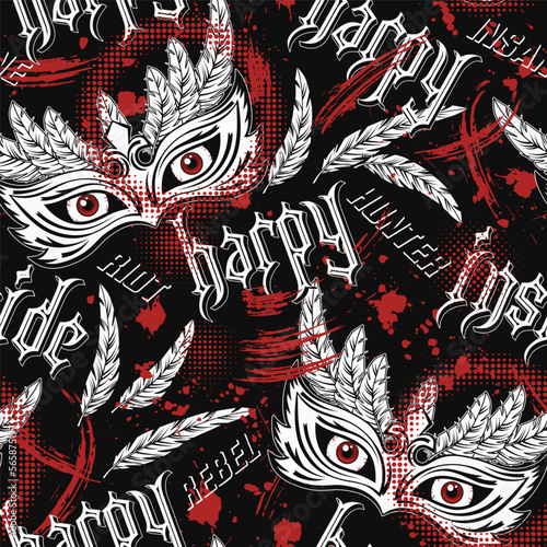 Pattern with scary masquerade mask, feathers, red eyes behind, text Harpy inside. Concept of insane rebellious character, inner strenght For prints, tattoo, clothing, t shirt design. Trash polka style