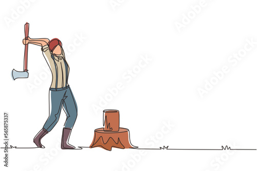 Single continuous line drawing woman woodcutter or lumberjack chopping wood with axe. Wearing shirt, jeans and boots. Female with ax in her hands cuts tree. One line draw design vector illustration