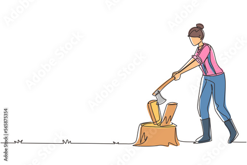 Single one line drawing woodwoman or lumberwoman in checkered shirt, sling pants chopping wood with ax on tree stump. Woman with ax in her hands cuts tree. Continuous line draw design graphic vector