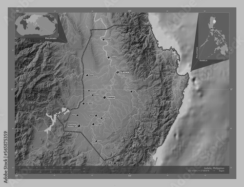 Isabela, Philippines. Grayscale. Labelled points of cities photo