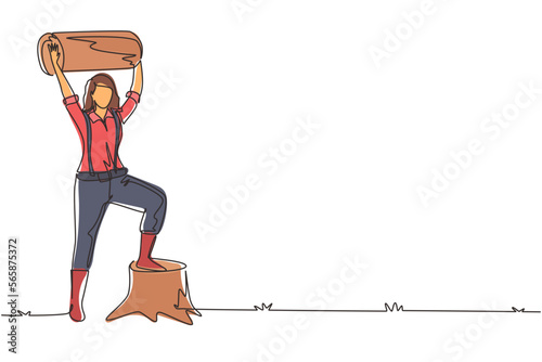 Single one line drawing beautiful woman lumberjack holding downed log. Wearing suspender shirt, jeans and boots, posing with one foot on tree stump. Continuous line draw design vector illustration