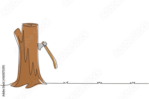 Single continuous line drawing hatchet in beside tree stump. A tree stump with an axe stuck. Forest, camping concept. Axe in stuck at stump. Dynamic one line draw graphic design vector illustration