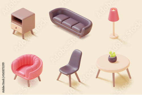 3d Different Furniture Home Set Plasticine Cartoon Style Include of Chair, Armchair and Sofa. Vector illustration