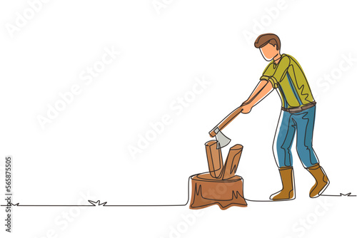 Continuous one line drawing woodman or lumberman in checkered shirt and sling pants chopping wood with ax on tree stump. Man with ax in his hands cuts tree. Single line draw design vector illustration