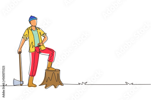 Single continuous line drawing lumberjack wearing plaid shirt, jeans, boots and beanie hat. Standing with ax and posing with one foot on a tree stump. One line draw graphic design vector illustration