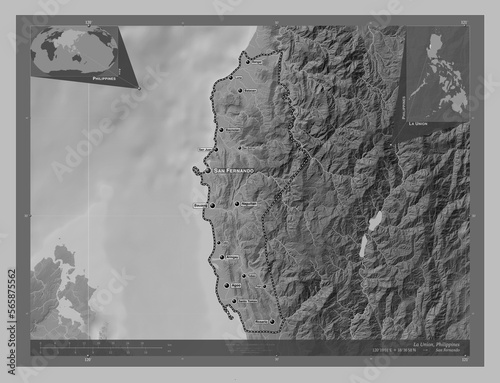 La Union  Philippines. Grayscale. Labelled points of cities