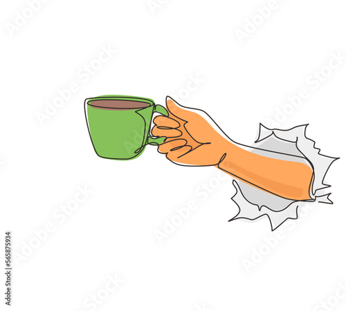 Single continuous line drawing right man's hand hold white cup with coffee or tea. Torn hole in white paper, copy space. Concept of lunch break at work, lunch. One line draw design vector illustration