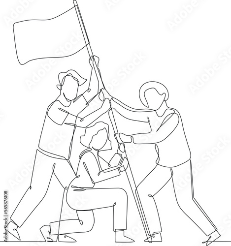 One continuous line drawing of team goals finished the challenge. Teamwork minimalist concept. Problem-solving business concept. Teamwork, vector graphic design illustration.