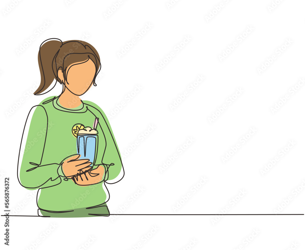 Single one line drawing woman holding glass with delicious milkshake. Young girl holding tasty fresh milk shake with slice of orange. Modern continuous line draw design graphic vector illustration Single one line drawing woman holding glass with delicious milkshake. Young girl holding tasty fresh milk shake with slice of orange. Modern continuous line draw design graphic vector illustration