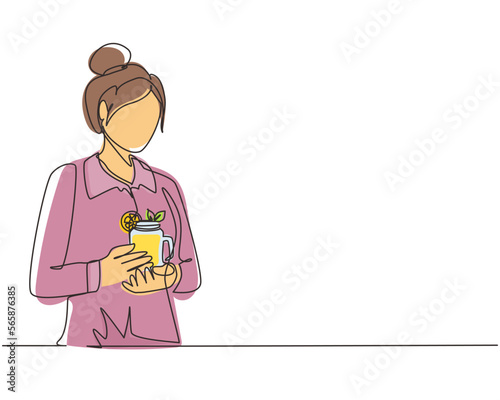Single continuous line drawing young woman teacher hand holding mug of orange juice at office in morning daylight. Leisure time before start teaching at university. One line draw graphic design vector