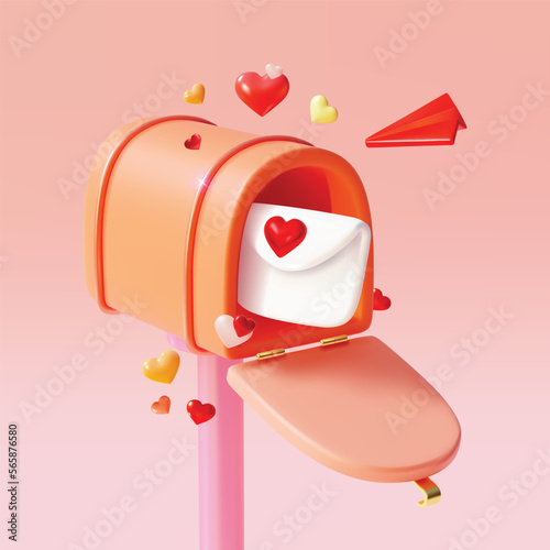 3d Love Mailbox with Letter Valentines Day Holiday Concept Plasticine Cartoon Style. Vector illustration of Envelope with Heart
