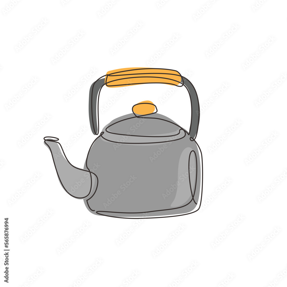 Single continuous line drawing Camping outdoor kettle with handle. Camping cooking equipment. Gas stove kettle. Camping kettle. Metal kitchen utensil for tea. one line draw design vector illustration Single continuous line drawing Camping outdoor kettle with handle. Camping cooking equipment. Gas stove kettle. Camping kettle. Metal kitchen utensil for tea. one line draw design vector illustration