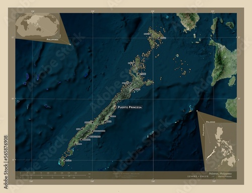 Palawan, Philippines. High-res satellite. Labelled points of cities photo