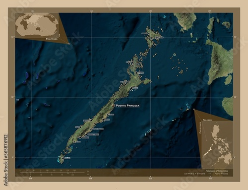 Palawan, Philippines. Low-res satellite. Labelled points of cities photo