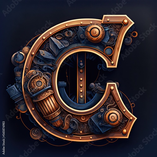 Capital letter C  steampunk alphabet in bronze metal and navy blue  AI generative.