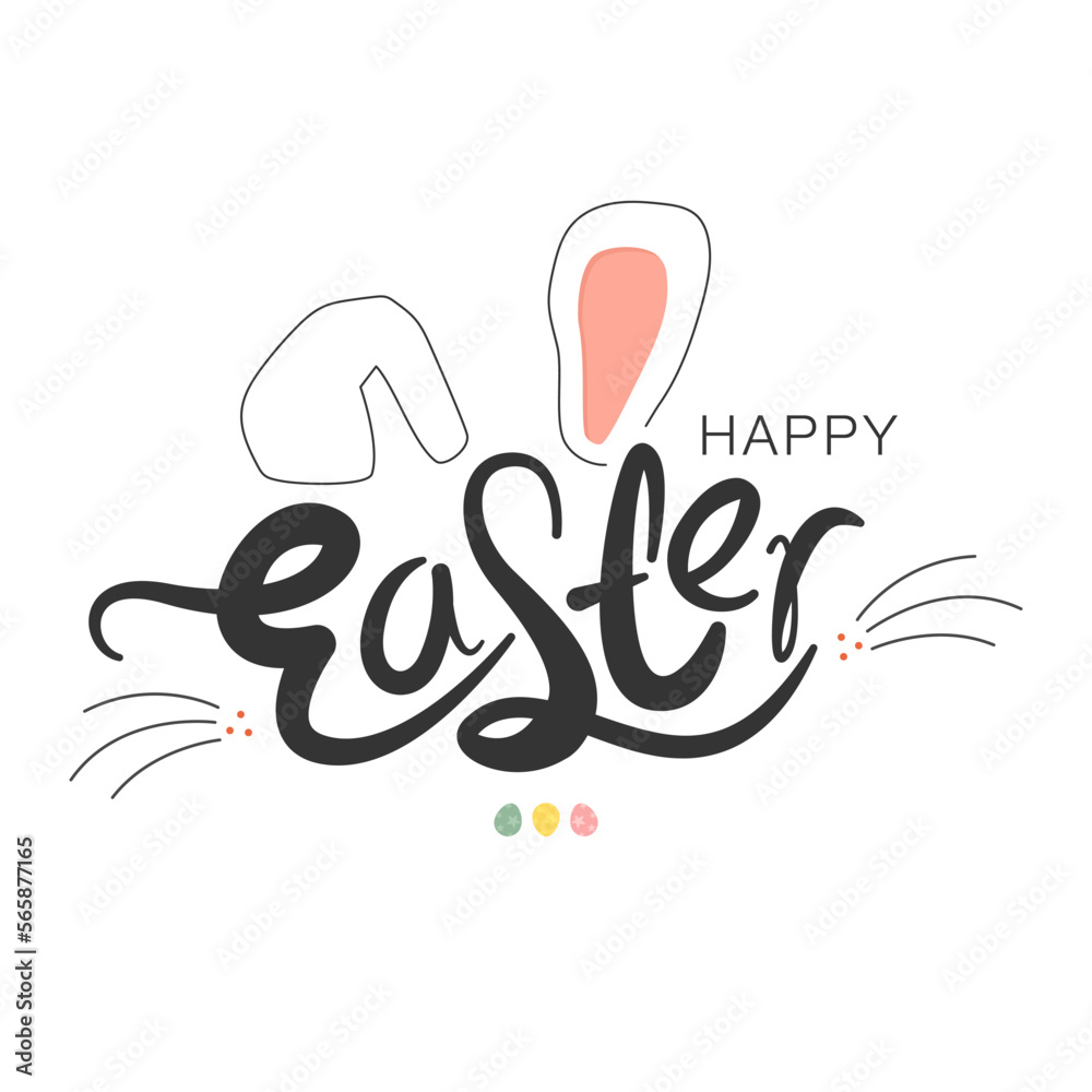 Bunny Easter decorated vector illustration. Hand drawn face of rabbit. Greeting card for Happy Easter Day. Ears and tiny muzzle with whiskers.