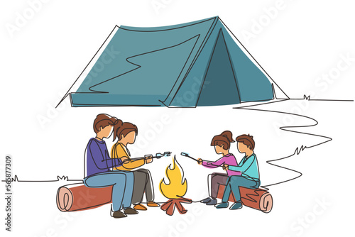 Single one line drawing happy family sit by campfire. Cheerful tourists, campers. Mom dad and kids roast marshmallows. Night camping adventure trip. Continuous line draw design vector illustration