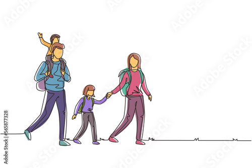 Continuous one line drawing hiking family with two children. Group of people with backpacks on mountain landscape. Mom, dad, son and daughter. Family time. Single line draw design vector illustration