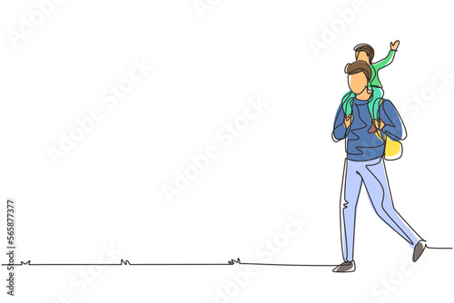 Single one line drawing happy father walking and carrying his son on his back in forest. Adventure, camping, travelling, picnic, holiday. Modern continuous line draw design graphic vector illustration