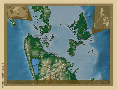 Surigao del Norte, Philippines. Physical. Labelled points of cities photo