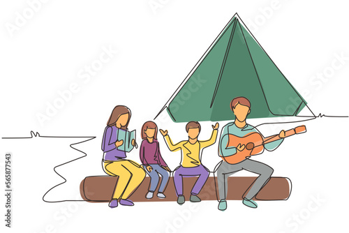 Single one line drawing family fun at summer camping spending time together. Dad playing guitar and sing with son. Mom reading story book with daughter. Continuous line draw design vector illustration