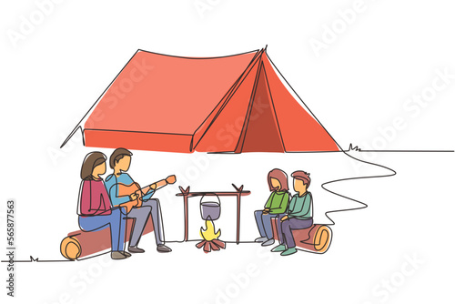Single continuous line drawing happy family around campfire tent boil water in pot and sitting on logs. Dad playing guitar and sing song with mom and children. One line draw design vector illustration