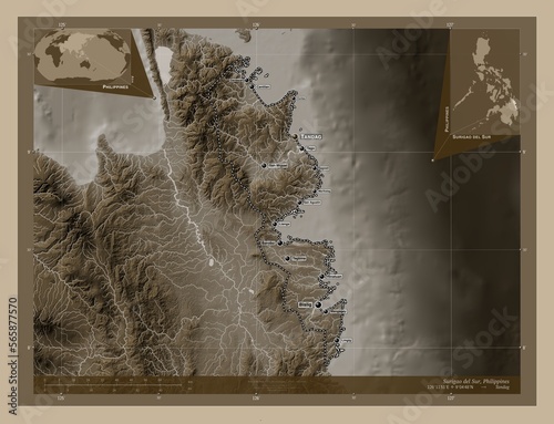 Surigao del Sur, Philippines. Sepia. Labelled points of cities photo