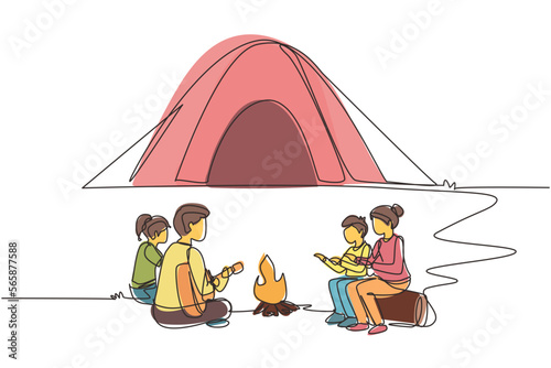 Single one line drawing camping family warm their bodies around campfire tents. Dad playing guitar, mom and kids sitting on ground and logs, sing song. Continuous line draw design vector illustration