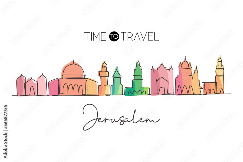 Single continuous line drawing Jerusalem holy city skyline, Palestine. Historical town landscape in the world. Best holiday destination. Editable stroke trendy one line draw design vector illustration