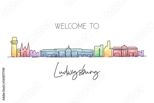 Single continuous line drawing Ludwigsburg city skyline, Germany. World historical town landscape. Best holiday destination postcard. Editable stroke trendy one line draw design vector illustration