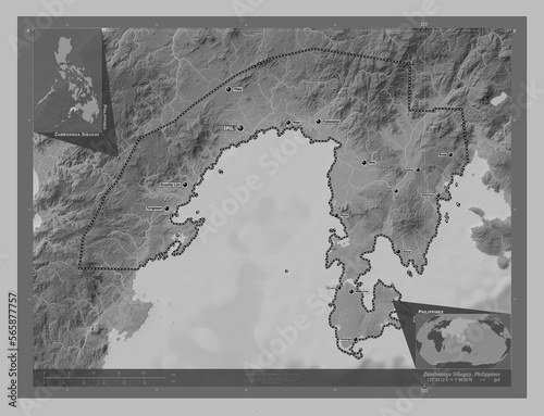 Zamboanga Sibugay, Philippines. Grayscale. Labelled points of cities photo