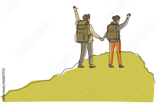 Single continuous line drawing romantic couple climbing up cliff or mountain. Pair of hikers or climbers holding hands. Happy boy and girl hiking or trekking. One line draw design vector illustration