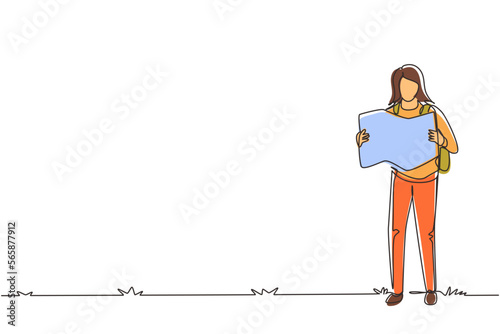 Continuous one line drawing cute teenage girl carrying heavy backpack examining map in mountains. Healthy lifestyle and tourism concept. Outdoor traveling. Single line draw design vector illustration