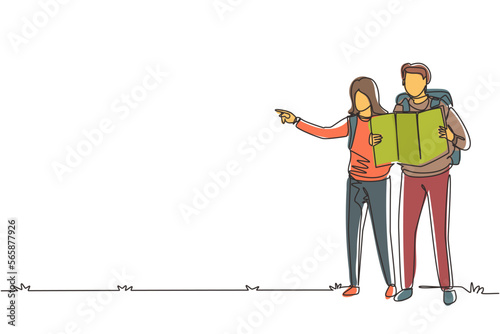 Single one line drawing hiking hikers couple man woman with backpacks and map in mountains. Travelers backpacking or trekking romantic trip adventure. Continuous line draw design vector illustration