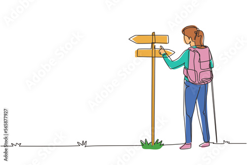 Single continuous line drawing woman hiker standing near direction sign or pointer. Girl with backpacks searching for location. Gets lost on nature. One line draw graphic design vector illustration