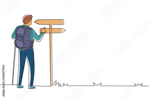 Single continuous line drawing direction pointer hiker man backpacks hiking traveling and tourism. Trekking wild nature recreation and sport backpacking trip. One line draw design vector illustration