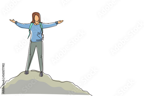 Continuous one line drawing successful climber woman stands with arms outstretched on top of mountains. Female raised her hands up in joy. Achieving success. Girl power. Single line draw design vector