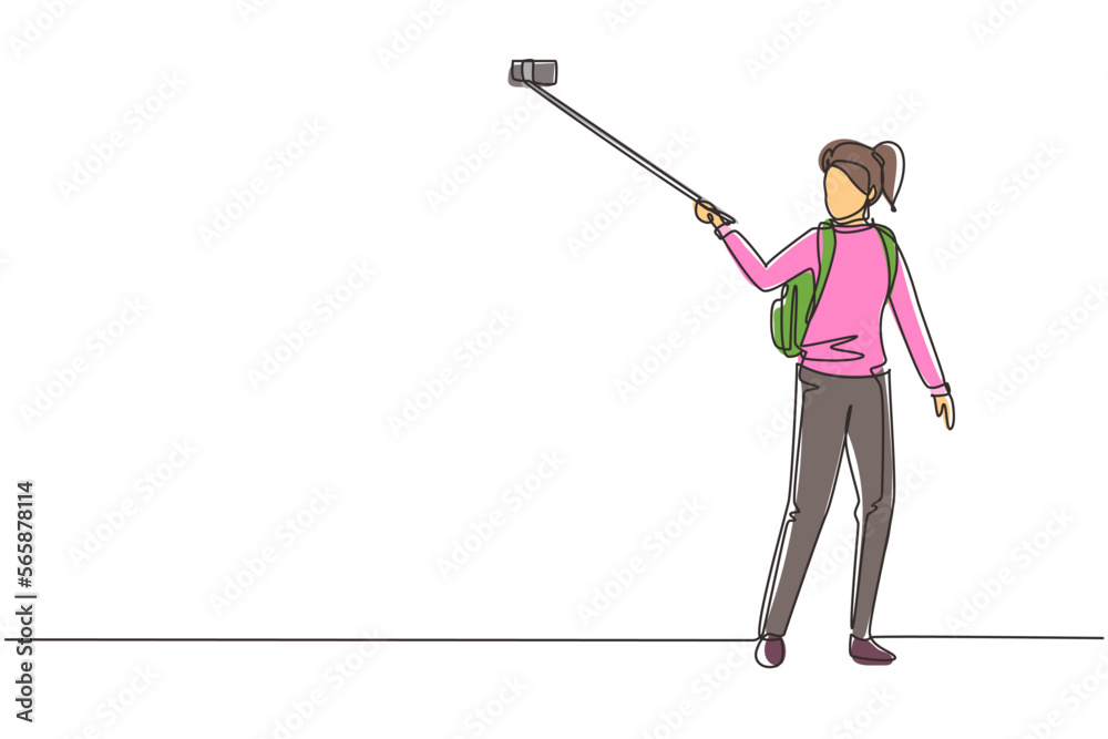 Continuous one line drawing woman with backpack on shoulders. Young girl making photo using selfie stick and smartphone. Summer activity at nature. Single line draw design vector graphic illustration Continuous one line drawing woman with backpack on shoulders. Young girl making photo using selfie stick and smartphone. Summer activity at nature. Single line draw design vector graphic illustration