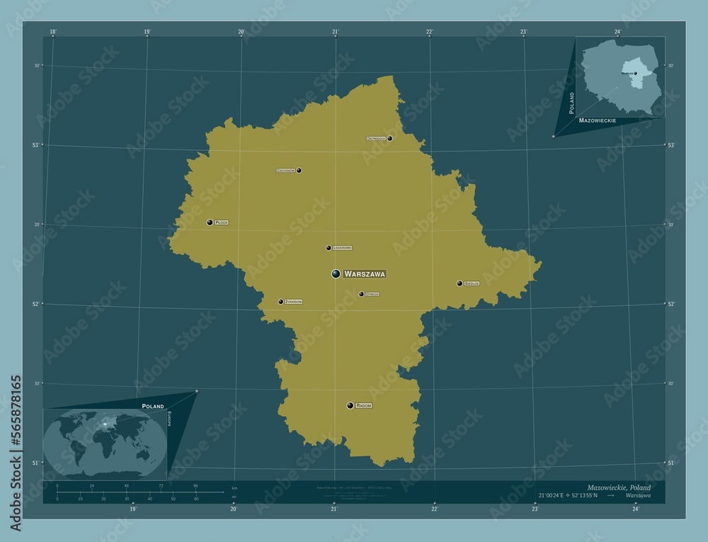 Mazowieckie, Poland. Solid. Labelled points of cities Mazowieckie, Poland. Solid. Labelled points of cities
