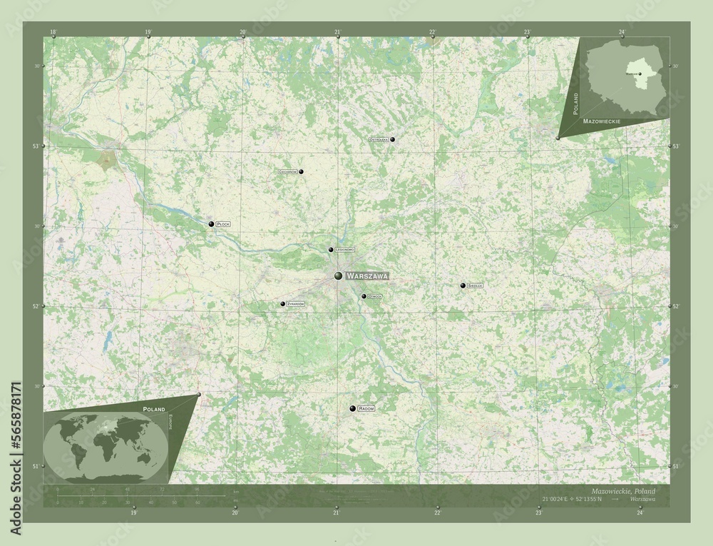 Fototapeta premium Mazowieckie, Poland. OSM. Labelled points of cities