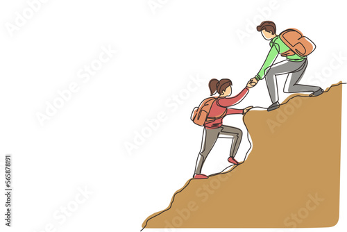 Continuous one line drawing group of people man woman helping each other hike up a mountain. Business, success, leadership, achievement and goal concept. Single line draw design vector illustration