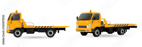 Vehicle roadside assistance concepts isolated on white background. Tow truck flatbed with a winch to move disabled, improperly parked, damaged cars. Yellow wrecker breakdown lorry. Vector illustration