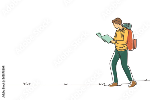 Continuous one line drawing man traveler with backpack and map walks to mountain. Tourist top goal achievement route. Male hiker outdoor and climbing peak. Single line draw design vector illustration