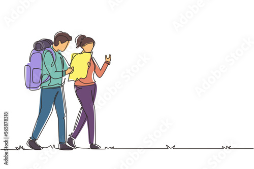 Continuous one line drawing couples hiking man woman with backpack and map is traveling in outdoor. Trekking, exploration, hiking tours. Tourism, adventures in nature. Single line draw design vector