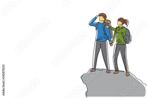 Single continuous line drawing couple man woman hiker at top of mountain looking into distance. Adventure in mountainous terrain. Exploration, hiking, adventure, journey. One line draw design vector