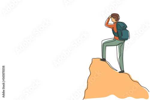 Single one line drawing man with backpack, traveller, explorer standing on top of mountain or cliff, looking on valley. Discovery, exploration, hiking. Continuous line draw design vector illustration